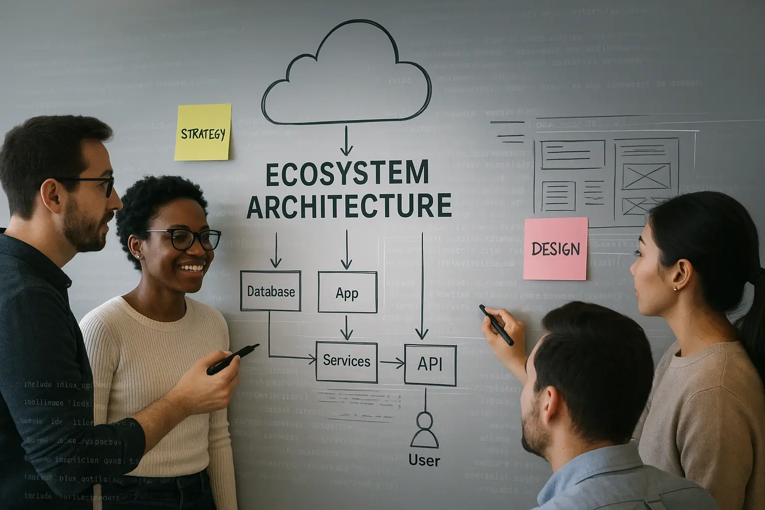 A collaborative ABVD team sketching ecosystem architecture on a  digital whiteboard, with post-it strategy, design wireframes, and  code overlays blending together.
