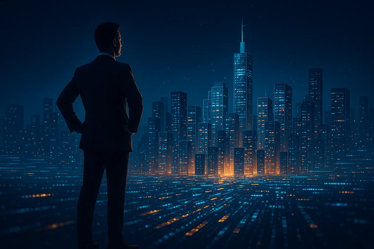 A confident business leader overlooking a glowing city skyline made of digital blocks and data streams, symbolizing future-readiness and digital leadership.