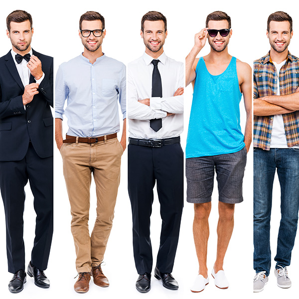 A man in a variety of outfits