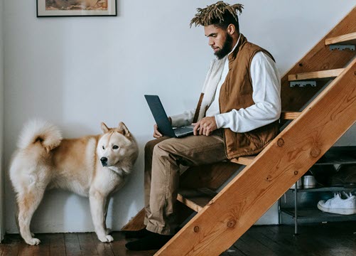 Person sitting on staircase looking at open laptop.