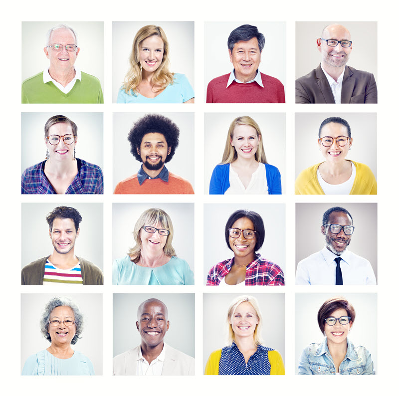 Grid of diverse background actor headshots representing the depth and range of talent available for casting