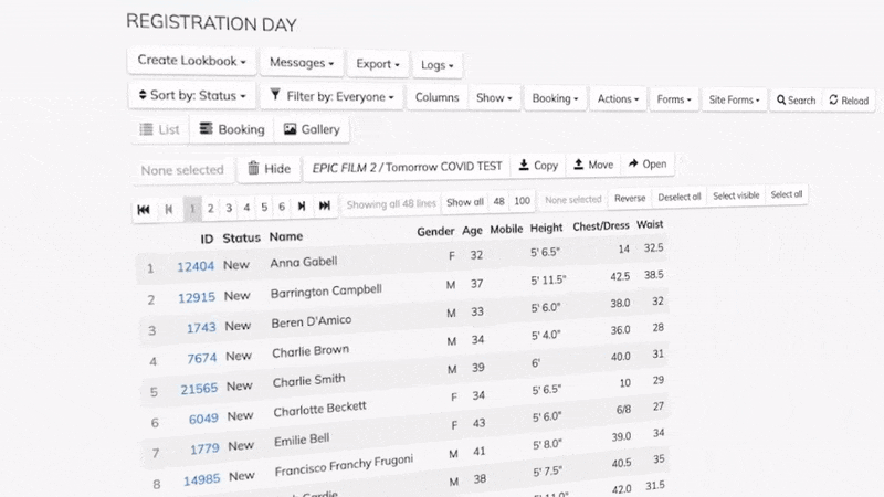 EP Casting Portal registration day booking view displaying a background actor list with talent profiles, status, and measurements