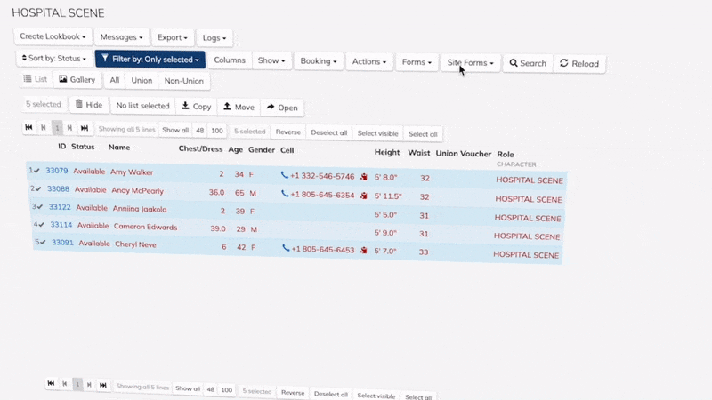 EP Casting Portal scene management view with background actors filtered and selected by role for a hospital scene