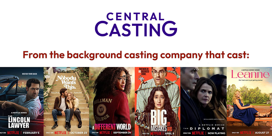 Posters of Netflix shows cast by Central Casting, including The Lincoln Lawyer, Nobody Wants This and The Diplomat