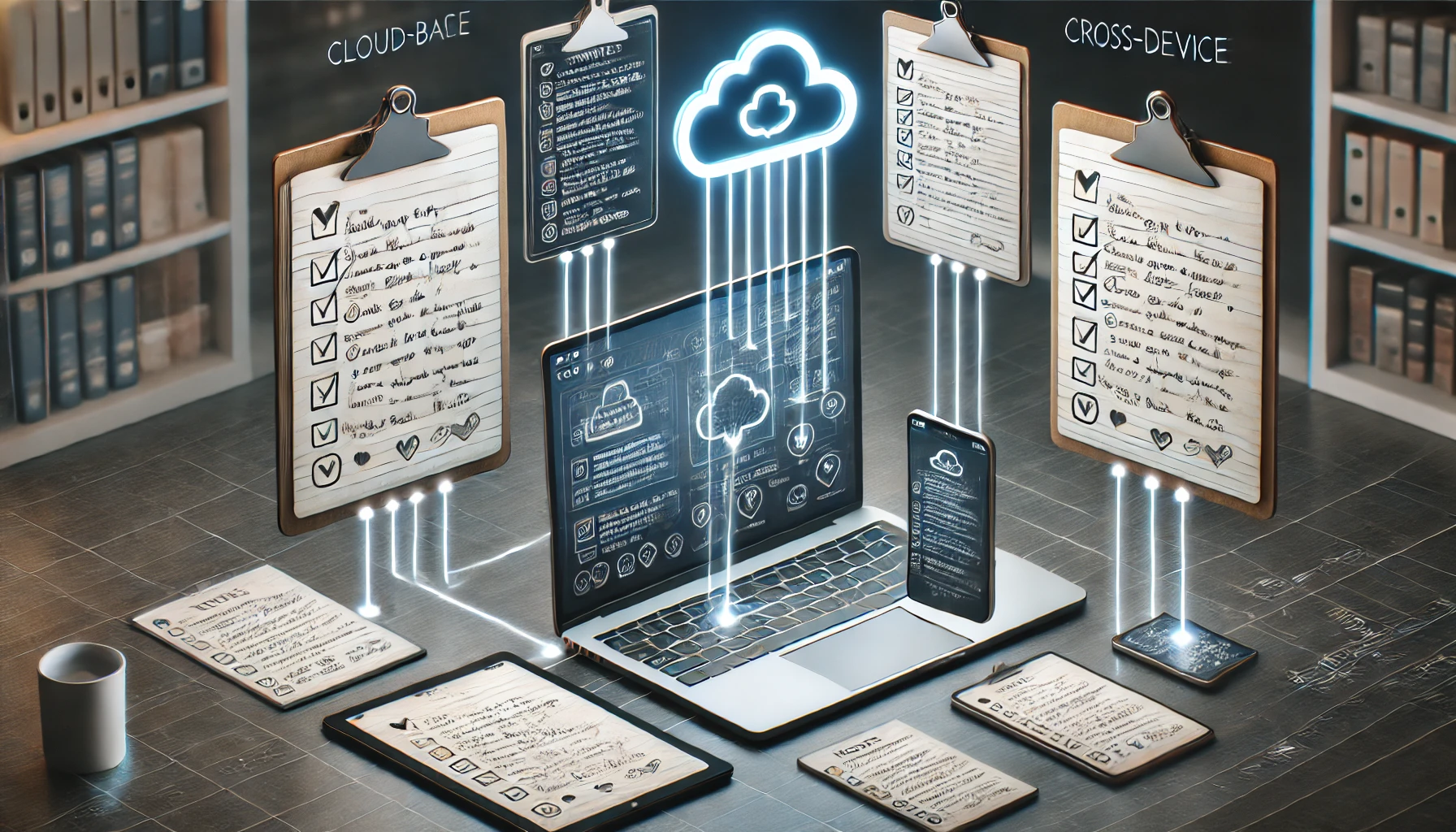 DALL·E 2025-01-29 09.17.24 - An illustration of a cloud-based note-taking app syncing across multiple devices. The image features a laptop, tablet, and smartphone, all displaying .webp