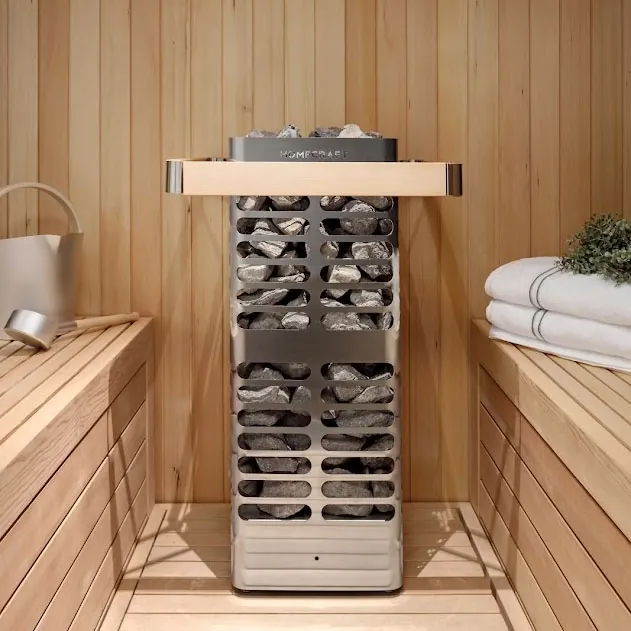 Electric sauna heater with rocks loaded on top, ready for löyly