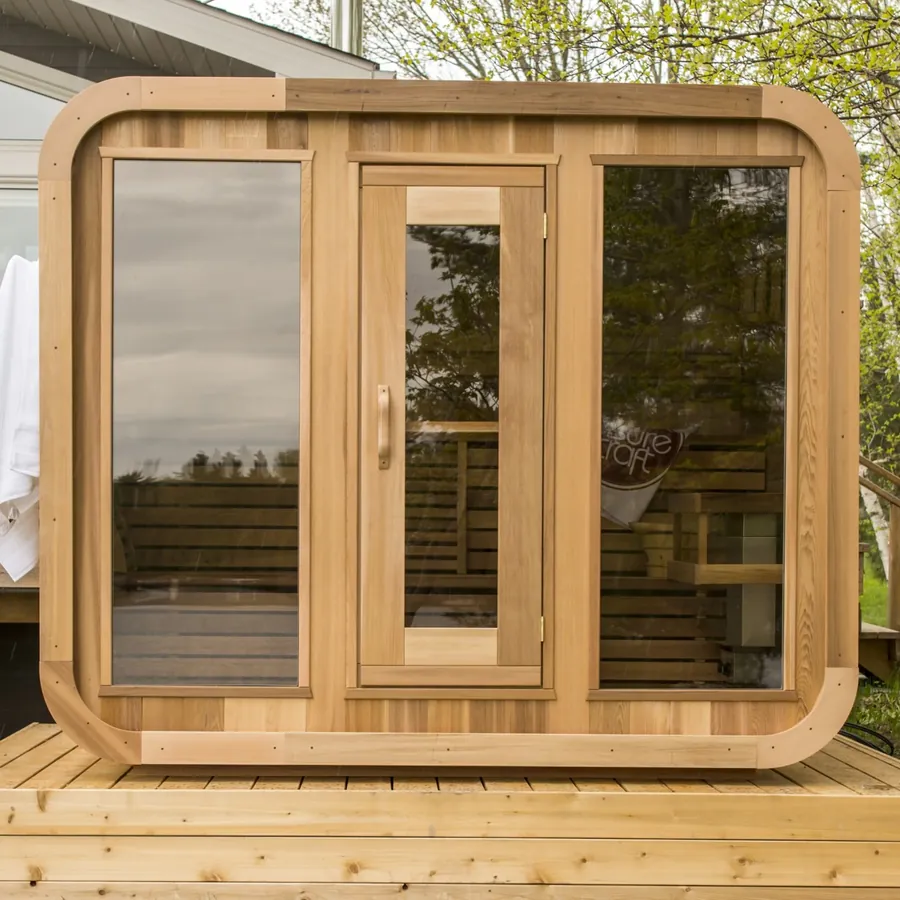 LeisureCraft Luna sauna in clear western red cedar showing the warm reddish-brown tones characteristic of the wood