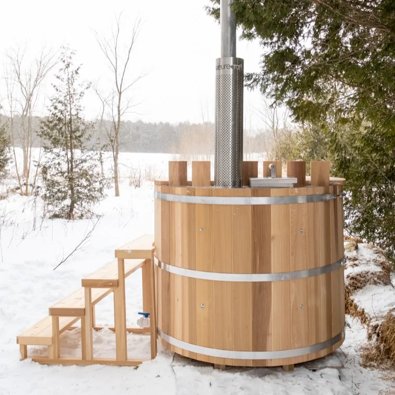 Original Cedar Hot Tub showing stave-built construction with stainless steel tension bands