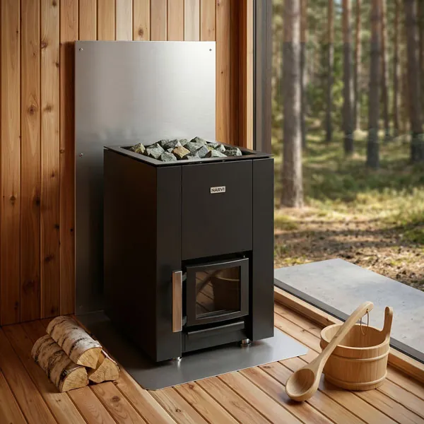Narvi wood-burning sauna stove with glass door, stacked firewood beside it, and a forest view