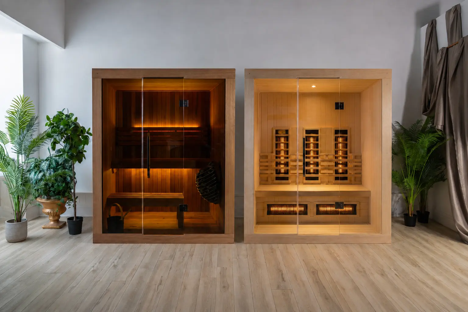 Traditional thermowood sauna with heater and rocks beside a light-wood infrared sauna with glowing wall panels, side by side for comparison