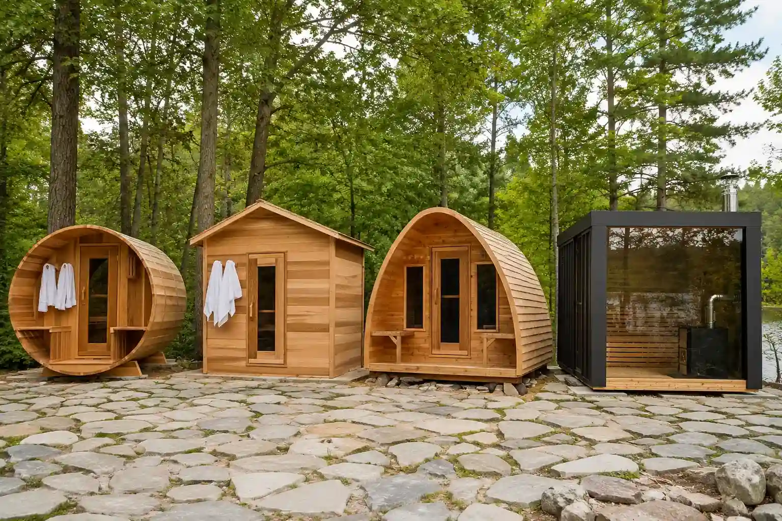 All four LeisureCraft sauna shapes side by side - barrel, cabin, pod, and cube - on a stone patio