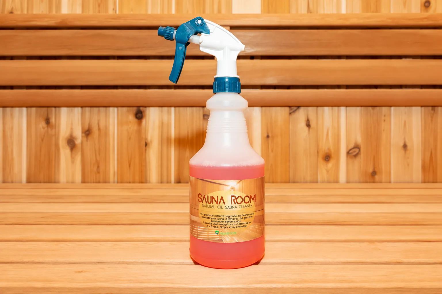 Sauna Room natural oil sauna cleaner in a spray bottle, standing on a cedar sauna bench with a slatted backrest and knotty cedar wall behind it