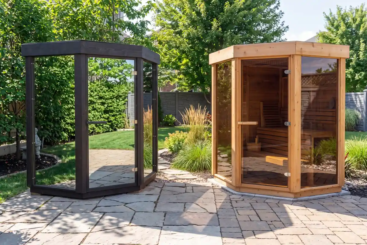 Two corner saunas side by side on a stone patio in a landscaped backyard, the left with mirror glass reflecting the garden and the right with bronze glass showing cedar benches inside