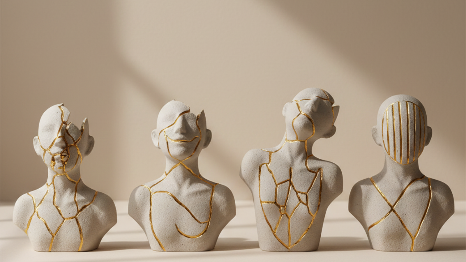 Four distinct figures or forms that are each imperfect but made beautiful by their golden repairs, symbolizing the Horsemen and their potential for transformation.
