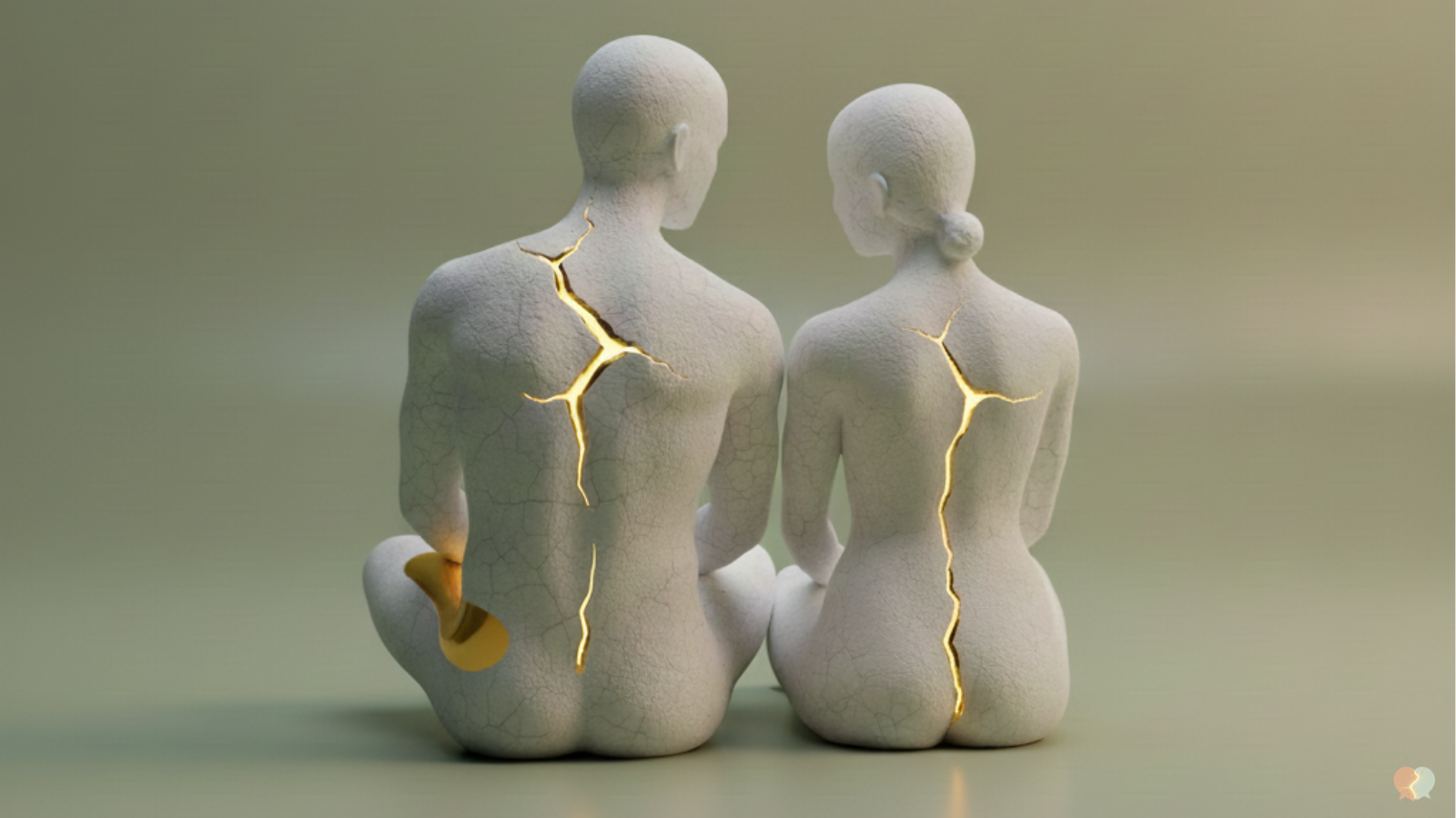 Kintsugi-style art of two cracked porcelain figures connected by liquid gold, symbolizing relationship repair and reconciliation.