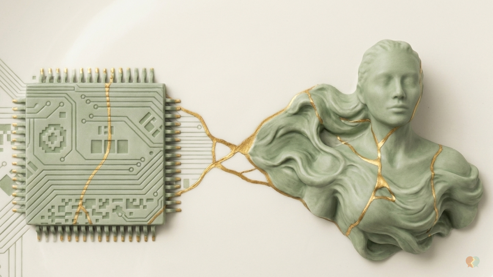 Ceramic sculpture uniting microchip and human forms, symbolizing AI in couples therapy vs human therapist.