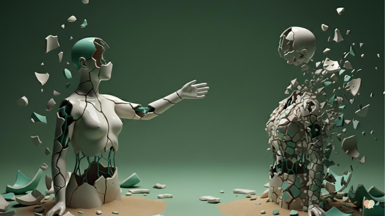 Abstract digital art of a couple as shattered ceramic figures attempting to connect, symbolizing emotional conflict and the process of relationship repair through AI-guided couples therapy.