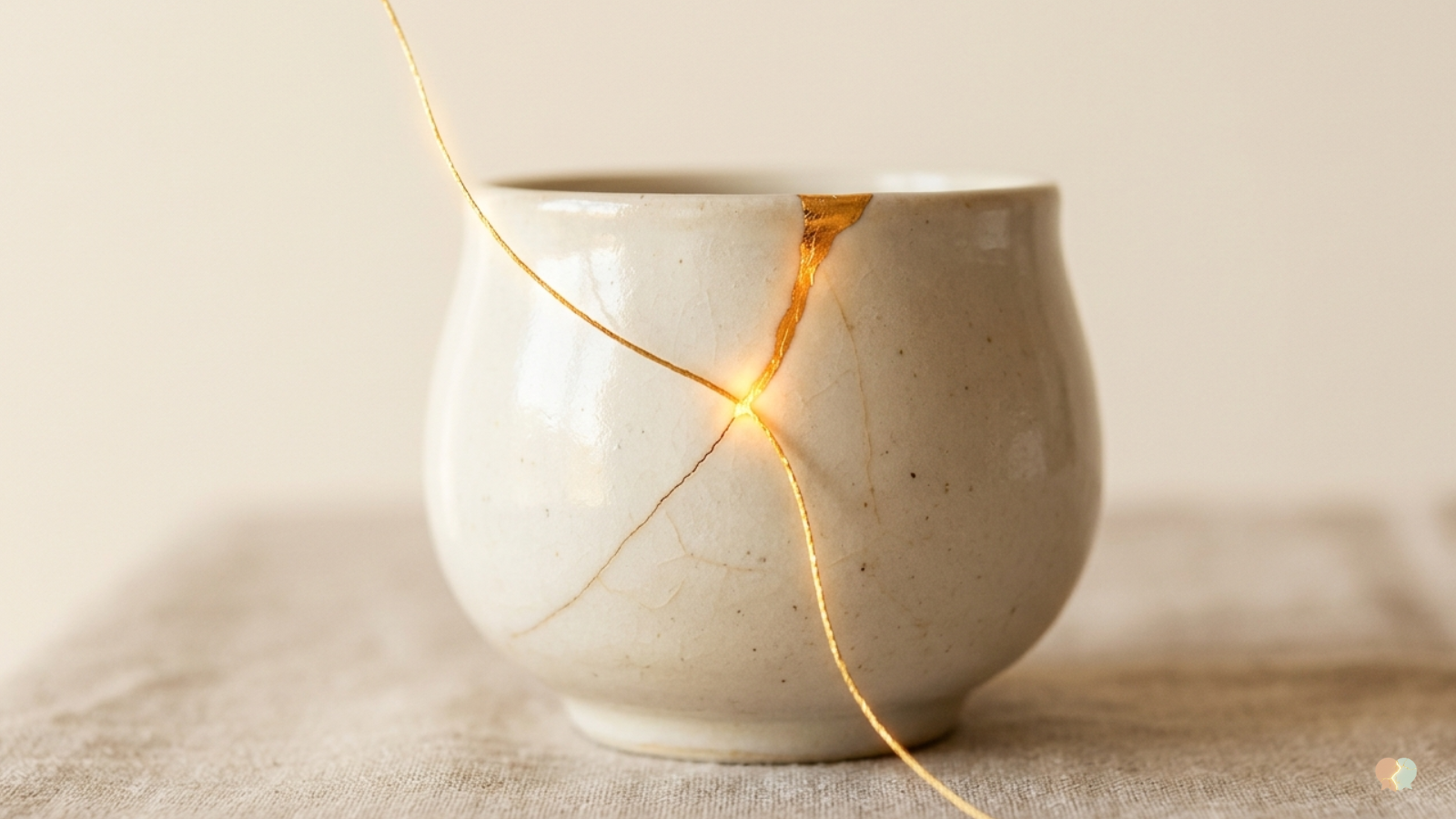 Terapia de pareja con IA y reparación de relaciones simbolizadas por un cuenco de cerámica roto y remendado con oro brillante al estilo Kintsugi.