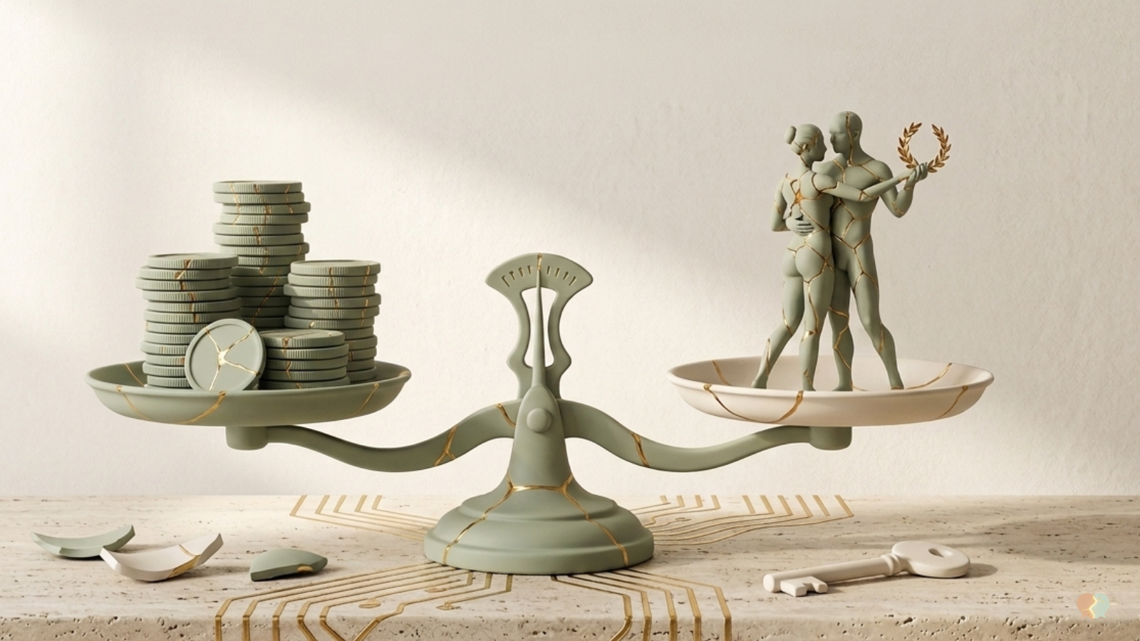 Illustration of a balance scale weighing money and a couple, representing if the monthly cost of Regain online couples therapy is worth the investment for relationship help.