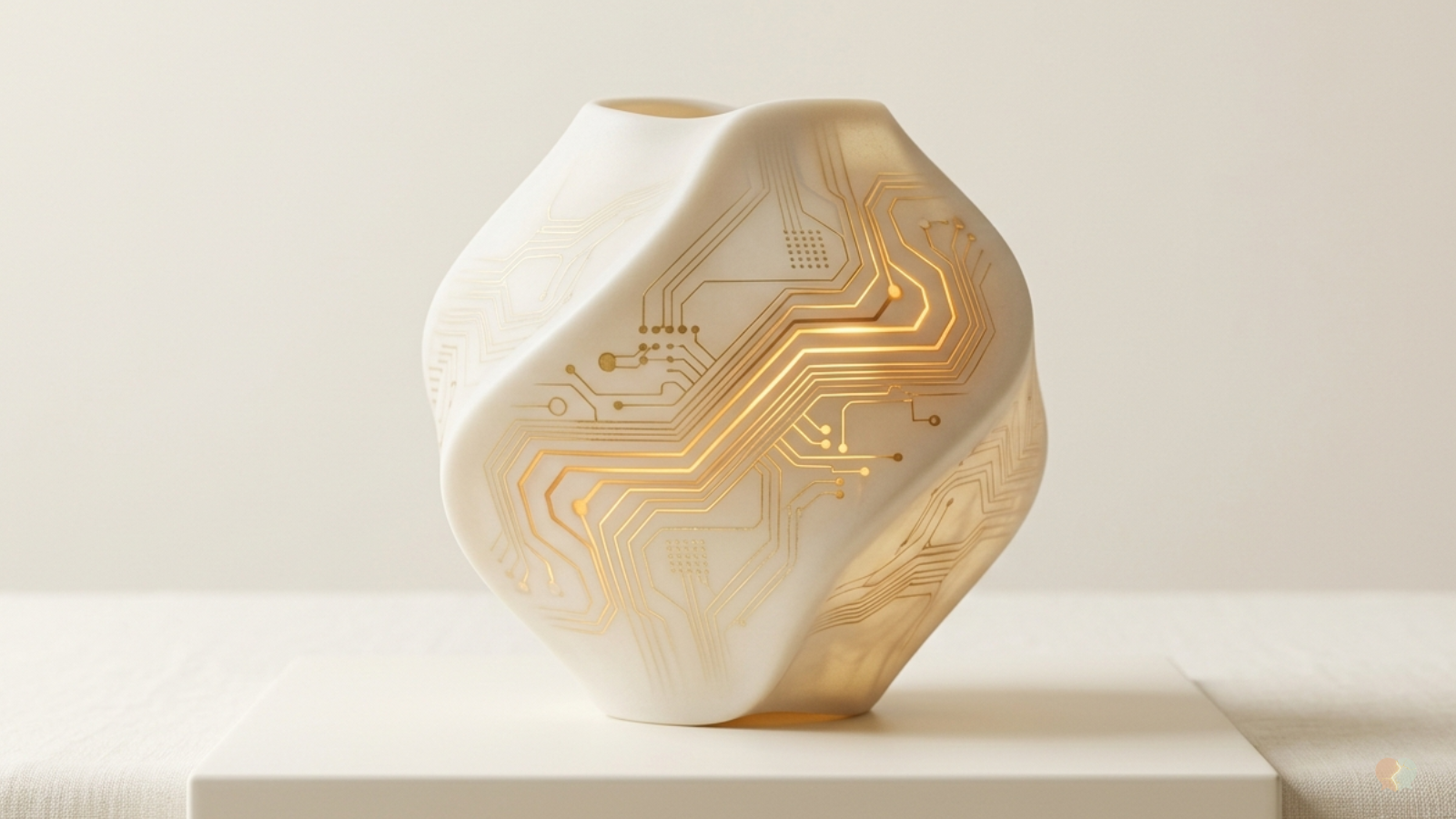 A ceramic vessel with glowing electronic circuits representing how childhood attachment patterns and relationship operating systems shape adult love and intimacy.