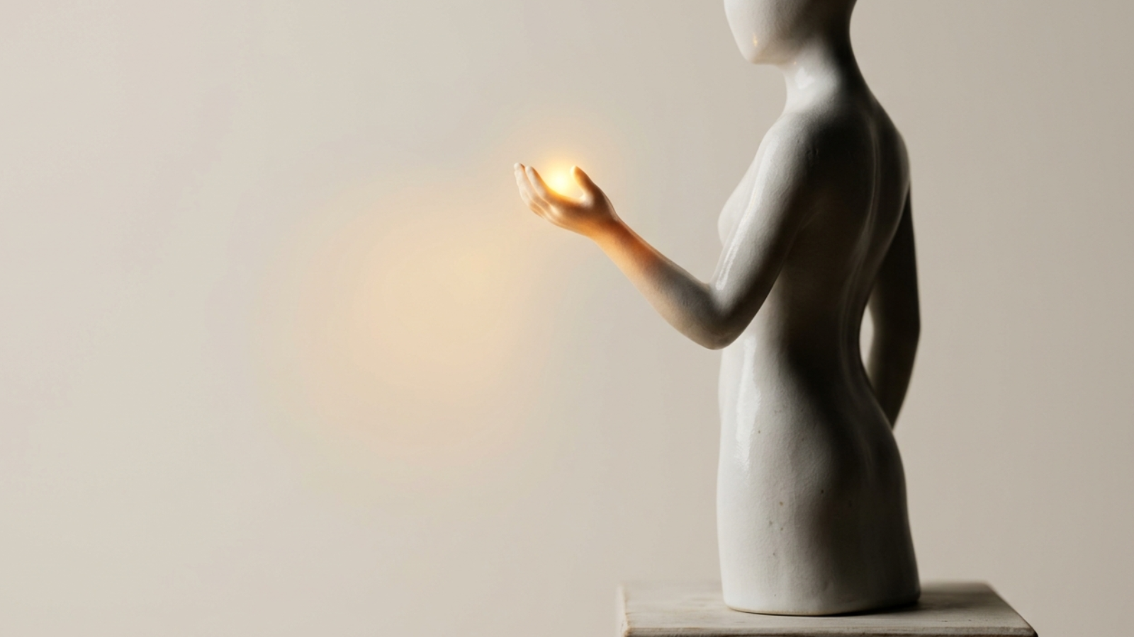 Figura de cerámica blanca sosteniendo una luz brillante, representando la sanación de la relación, la superación de la actitud evasiva y el fin de la ley del hielo para restaurar la comunicación.