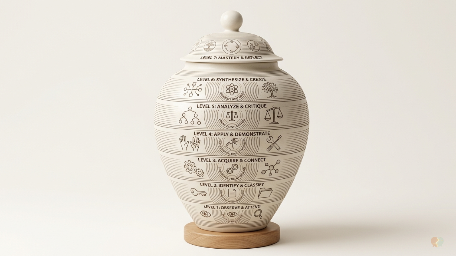 Layered ceramic jar showing progressive cognitive stages, representing the customized lesson plans, personal growth, and structured couples communication curriculum found in relationship coaching apps like Relish.