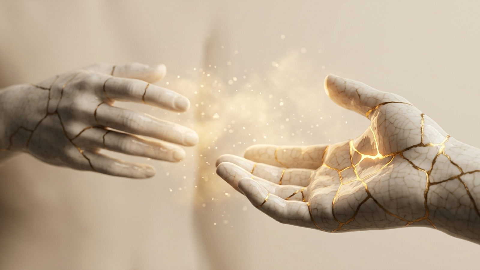 Reaching Kintsugi hands surrounded by golden light, illustrating how to handle relationship issues and communication blocks when a partner won't go to couples therapy.