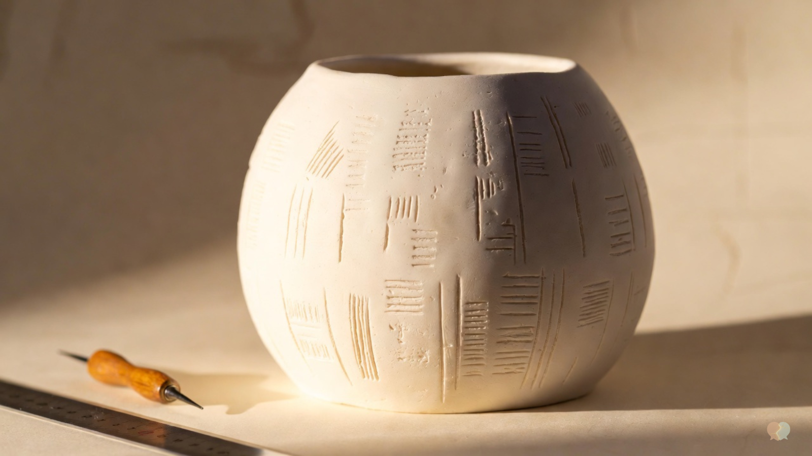 White ceramic pot with carved patterns next to a clay tool and ruler, representing relationship patterns, structured couples counseling apps, and self-guided marriage education tools like the Lasting app.