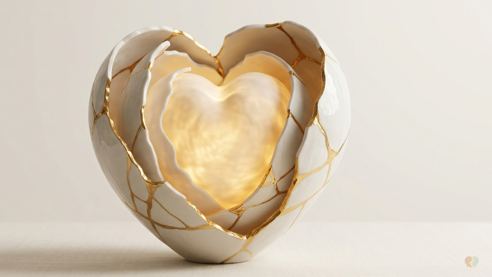 Corazón de cerámica con reparación Kintsugi de oro y centro brillante, que ilustra el apego evitativo en la pareja, la distancia emocional y herramientas de comunicación para matrimonios.