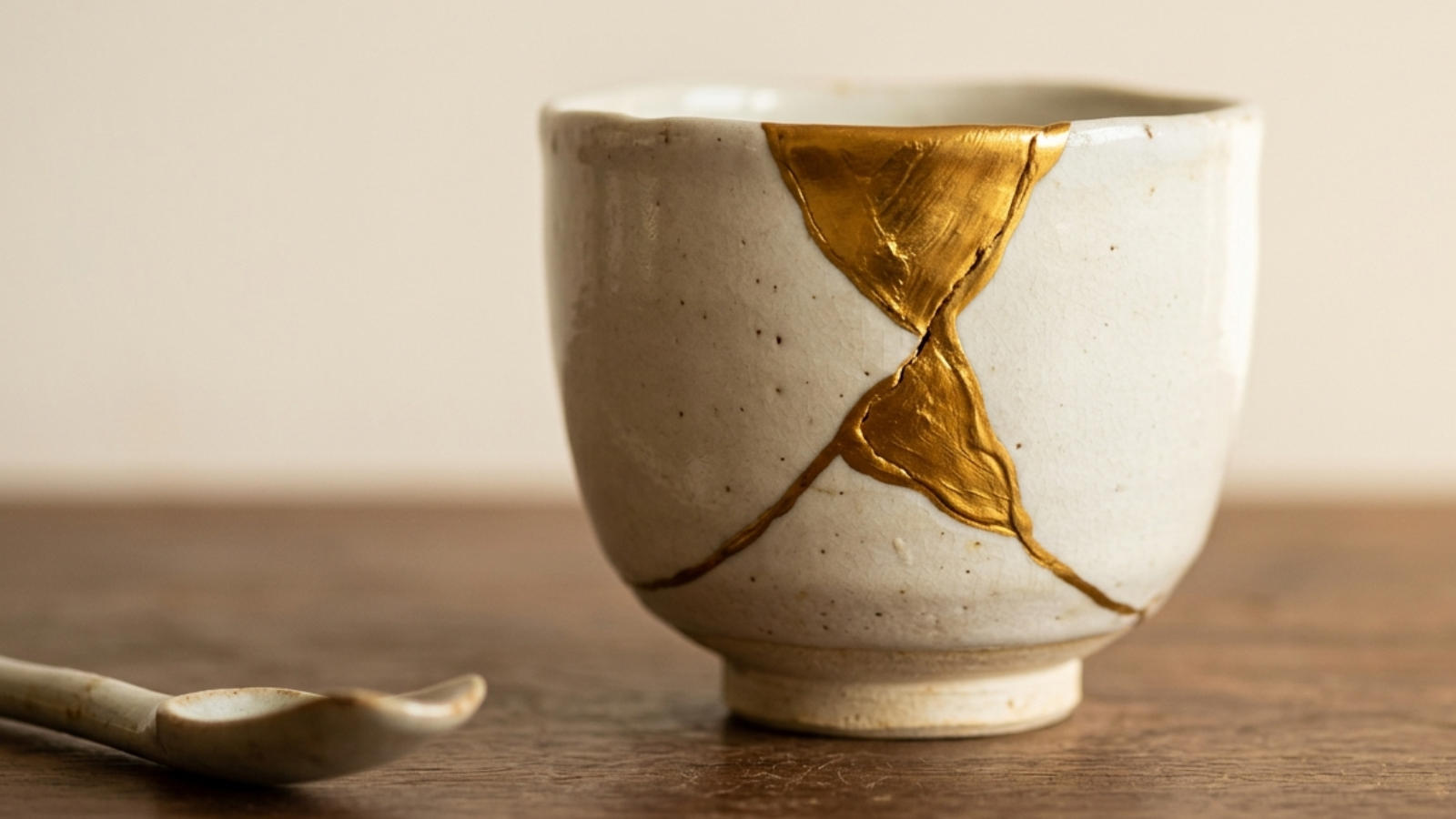 Taza de cerámica kintsugi con resina de oro que ilustra las mejores aplicaciones para reconstruir la confianza en una relación y superar crisis de pareja.
