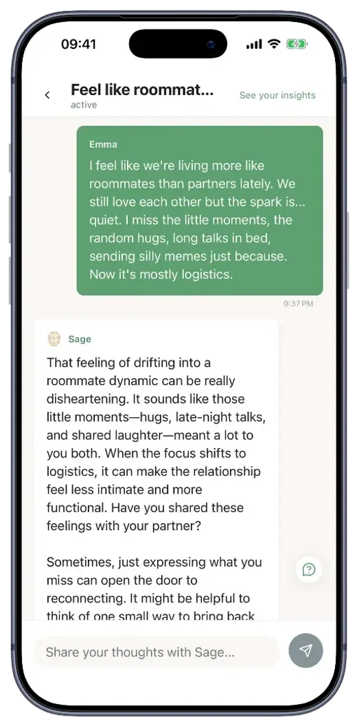 LoveFix chat screen showing the first message and first response from Sage