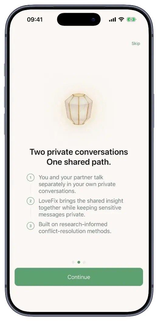 LoveFix onboarding screen with the Sage lamp and a three-step process