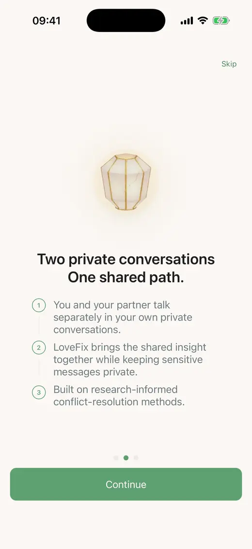 LoveFix onboarding: two private conversations, one shared path