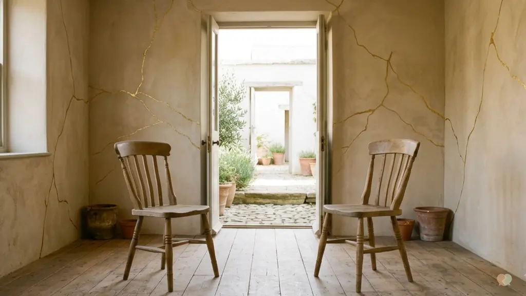 Two empty wooden chairs facing each other in a bright room with an open door, illustrating free and low cost couples therapy options.
