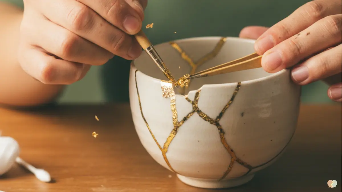 Hands repairing a broken ceramic bowl with gold