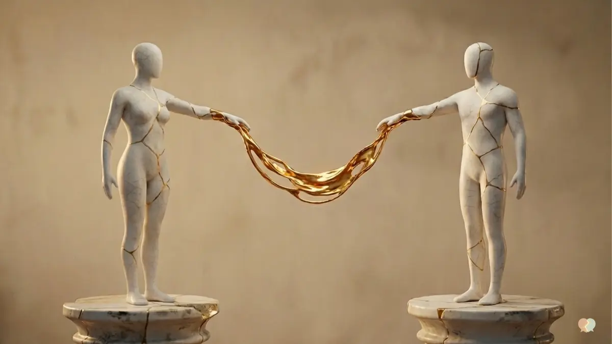 Kintsugi-style art of two cracked porcelain figures, separated on two pedestals but connected by liquid gold, symbolizing relationship repair, reconciliation, small arguments, and deep emotional intimacy.