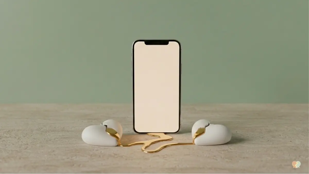 Un smartphone y un corazon reparado con oro que simboliza la reparacion de la relacion y la orientacion que ofrece la app LoveFix con IA para parejas