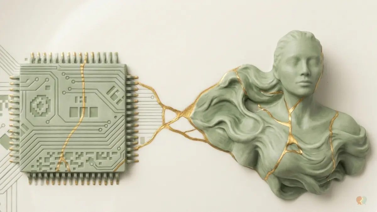 Ceramic sculpture uniting microchip and human forms, symbolizing AI in couples therapy vs human therapist.