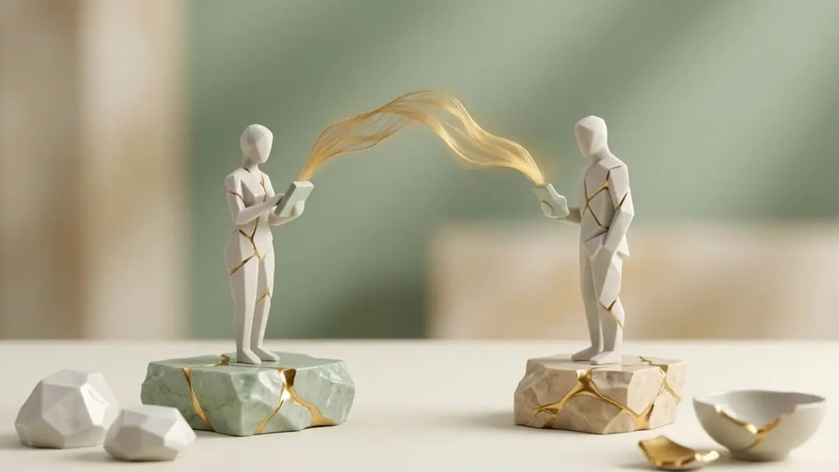Alternativas de terapia de pareja online y apps de relaciones representadas por figuras minimalistas conectadas por una estela de luz dorada y reparación Kintsugi.