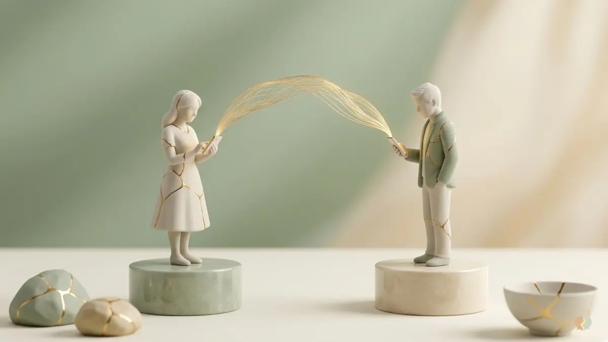 Kintsugi figurines using smartphones connected by gold digital threads, representing couples therapy apps, online relationship counseling, and digital healing tools for relationship communication.