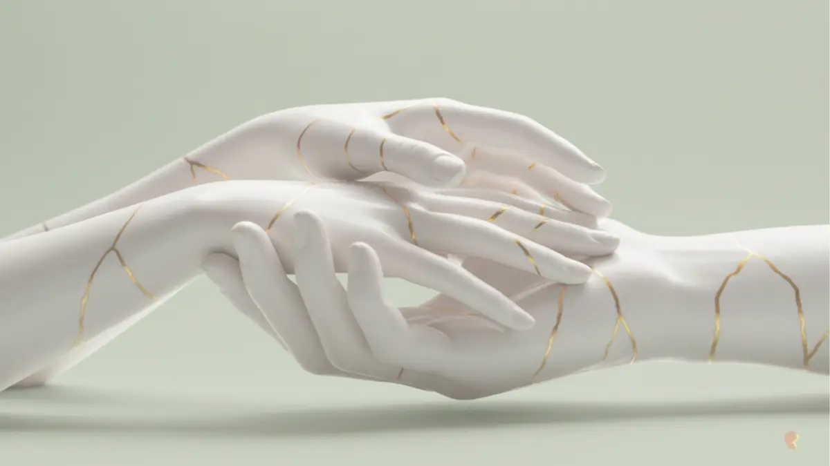 Kintsugi hands metaphor for relationship apps vs couples therapy, showing how professional help and digital tools repair emotional bonds.