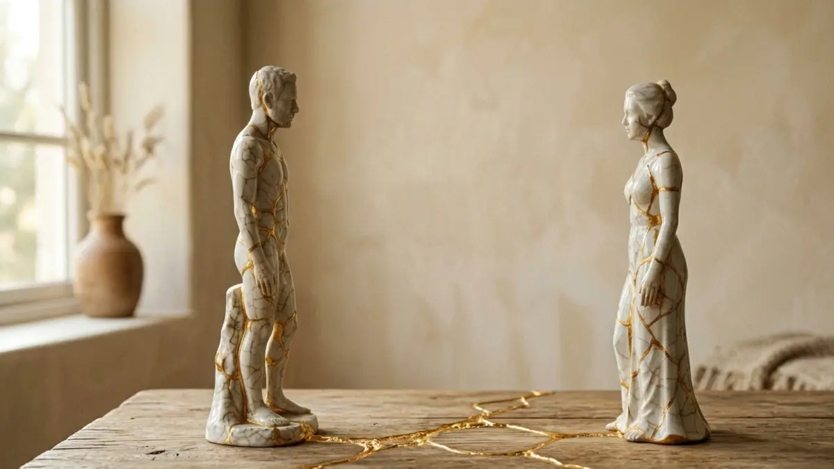 Kintsugi style statues of a couple standing apart but connected by a golden line, representing how the best apps for long-distance relationships help couples with communication, conflict repair, and maintaining intimacy across time zones.