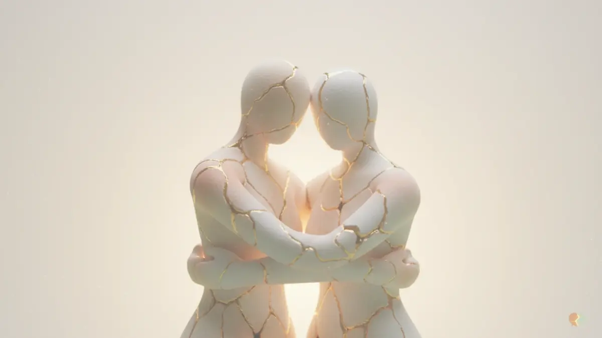 Comparación entre LoveFix y terapia de pareja mostrando figuras estilo Kintsugi abrazándose para simbolizar la reparación de relaciones, la sanación y el asesoramiento profesional.