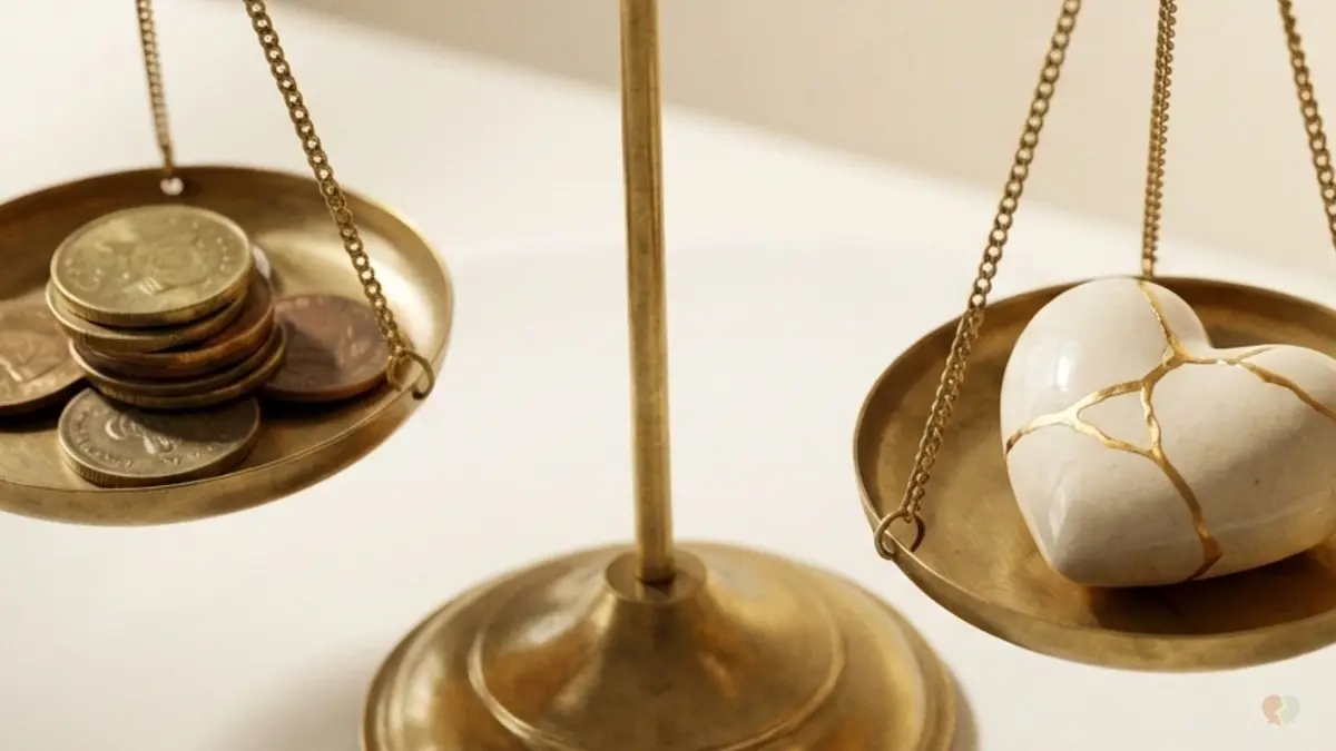 Talkspace couples therapy review 2026: A balance scale weighing the high monthly subscription cost against a broken heart being healed, illustrating the ROI of online relationship counseling.