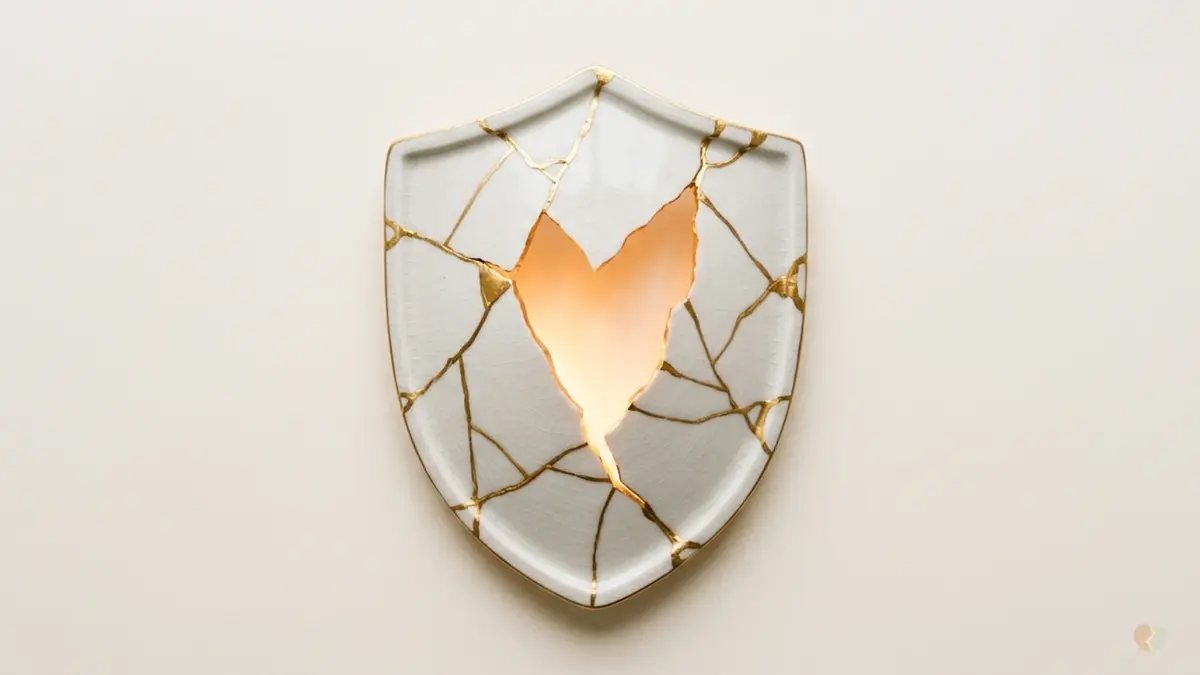 Escudo Kintsugi que representa la reparación de relaciones y resolución de conflictos, comparando LoveFix y Talkspace.