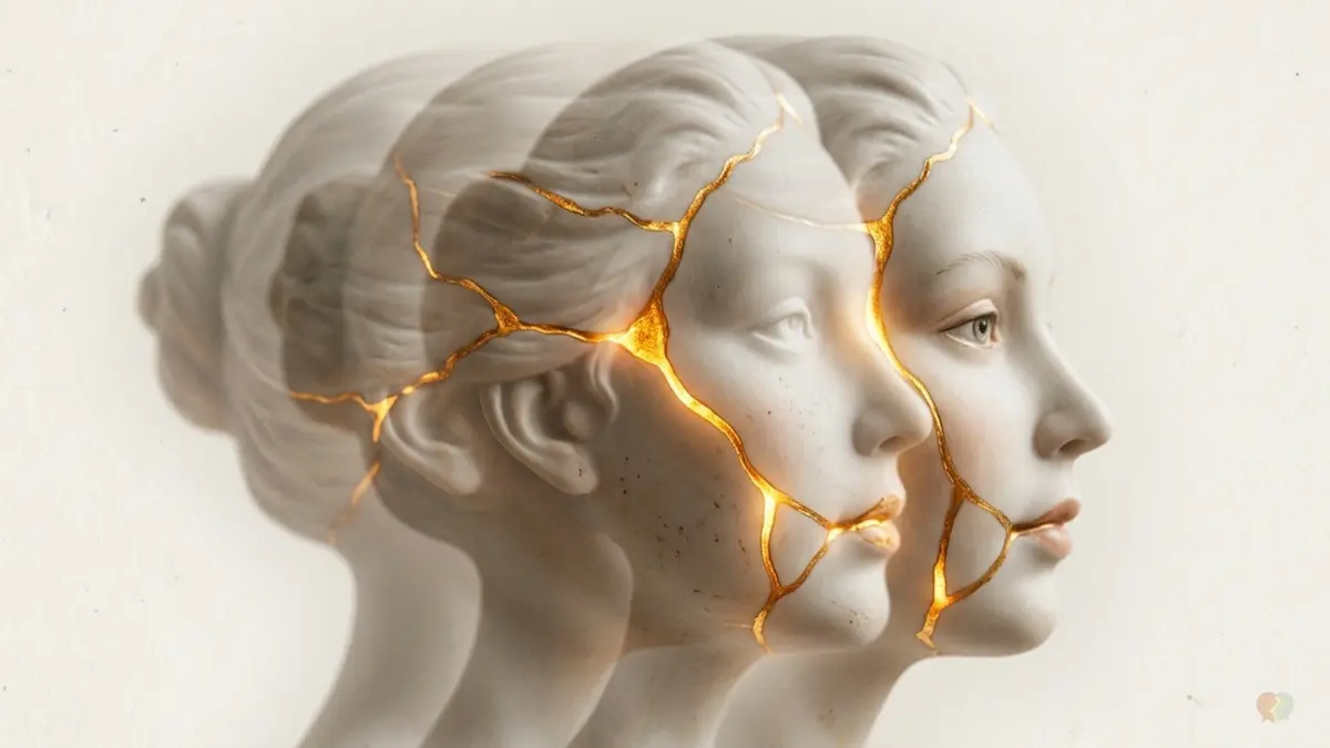 Imago relationship therapy concept showing a shattered marble face with golden kintsugi cracks, illustrating emotional healing from unconscious partner selection, toxic relationship cycles, and childhood trauma.