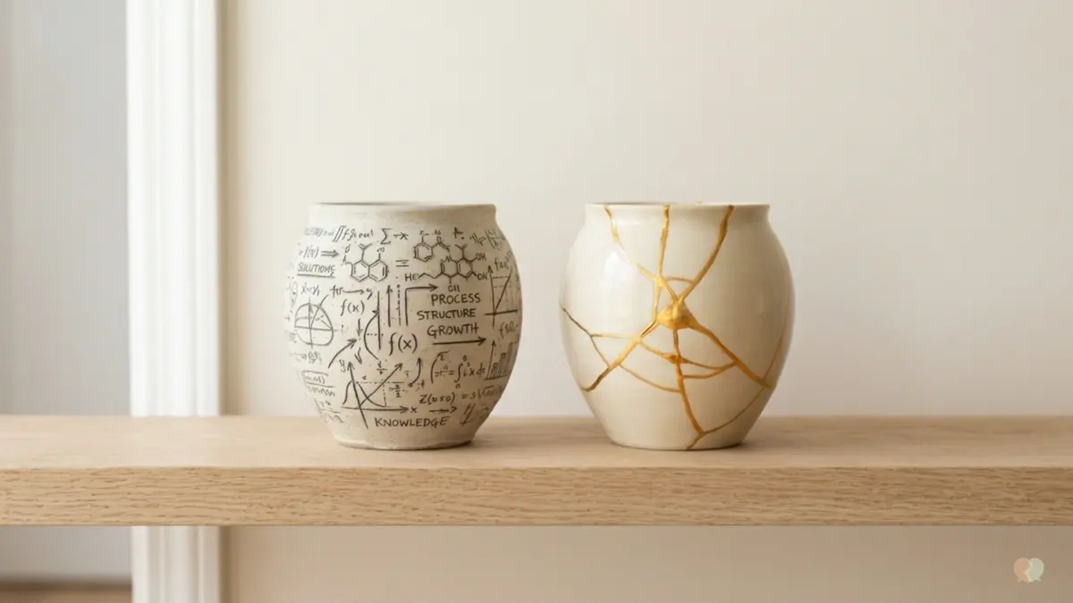 A visual comparison of relationship apps, showing a formula-covered vase representing structured relationship education like Relish alongside a Kintsugi repaired vase representing real-time conflict resolution like LoveFix.