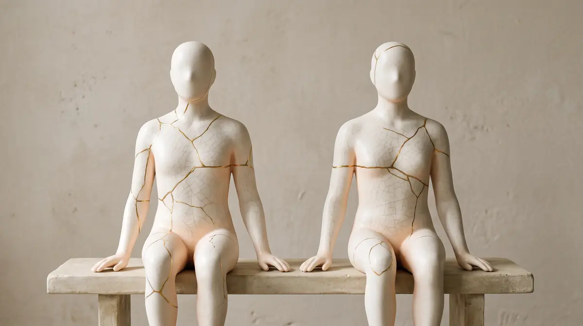 Dos figuras de porcelana sin rostro sentadas una al lado de la otra, cerca pero sin mirarse, con sus costuras doradas recorriendo cada cuerpo y deteniéndose en el hueco que las separa, que ilustra cómo comunicarse mejor en pareja.