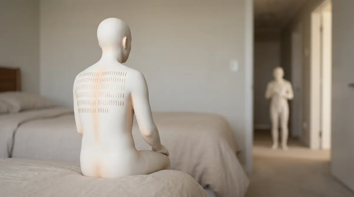 Una figura de porcelana sin rostro sentada de espaldas, con decenas de costuras doradas pequeñas e idénticas en los hombros, mientras otra figura pasa sin darse cuenta al fondo, que ilustra cómo el resentimiento en el matrimonio se acumula por cosas pequeñas que nadie menciona.