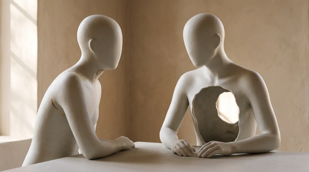 Dos figuras de porcelana sin rostro muy juntas bajo una luz cálida, una escuchando con atención y con el pecho hueco y abierto, que ilustra la sensación de que tu pareja te escucha y aun así no te oye.